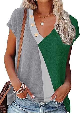 Photo 1 of Ebifin Women's Summer Cap Sleeve T Shirts Patchwork Color Block V Neck Tops Casual Buttons Tee Basic Blouse XL