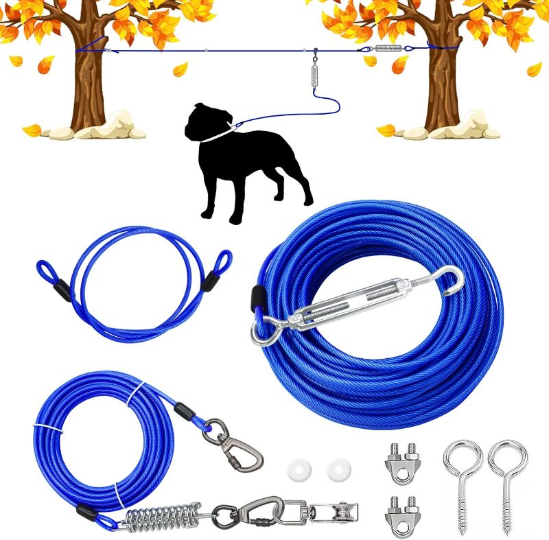 Photo 1 of 100ft Dog Tie Out Cable+3ft Trolley Rope+9 Metal Accessories for Dogs,Walking Running Cable for Pets Up to 200lbs,Strong Dog Leash for Yard,Camping, Outdoor(Blue)