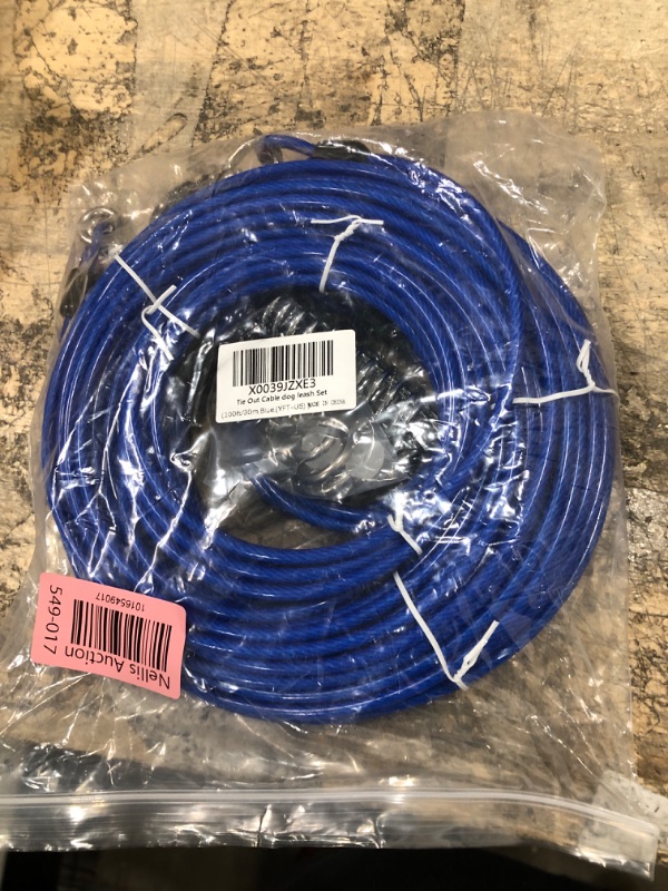Photo 2 of 100ft Dog Tie Out Cable+3ft Trolley Rope+9 Metal Accessories for Dogs,Walking Running Cable for Pets Up to 200lbs,Strong Dog Leash for Yard,Camping, Outdoor(Blue)