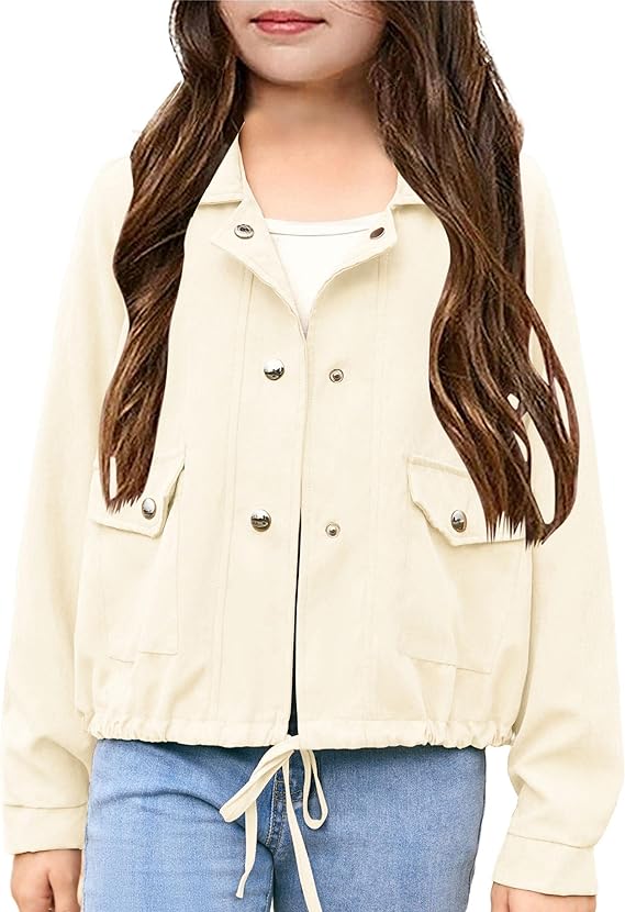 Photo 1 of Girls Spring Jackets Casual Solid Button Down Tops Long Sleeve Drawstring Cute Lapel Outwear Coat with Pockets 8/10Y
