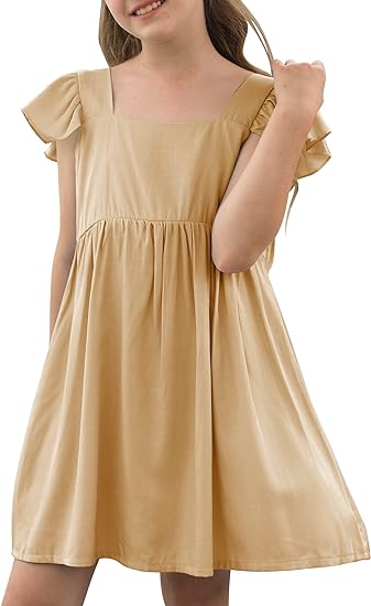 Photo 1 of Girls Ruffle Short Sleeve Dress Casual Comfort Loose Fit Square Neck Soft Mini Dresses Little Big Kids-5/6-beige 