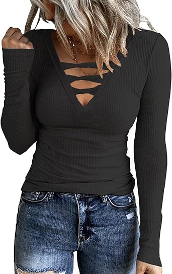 Photo 1 of HERILIOS Women Casual Long Sleeve Tunic Tops V-Neck T Shirts Criss Cross Ribbed Casual Tee Slim Fitted Fall Blouse
