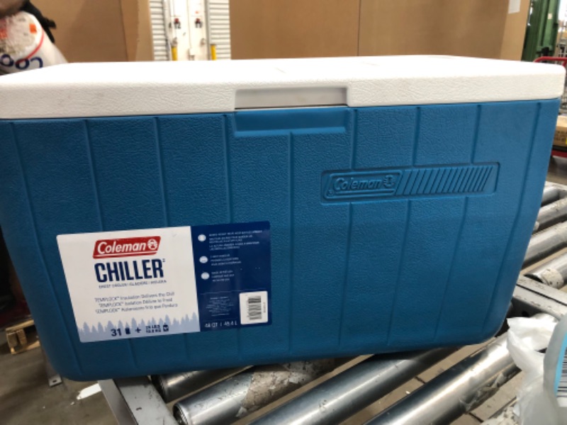 Photo 2 of [READ NOTES]
Coleman Chiller Series 48qt Insulated Portable Cooler, Ice Retention Hard Cooler with Heavy Duty Handles Ocean Blue