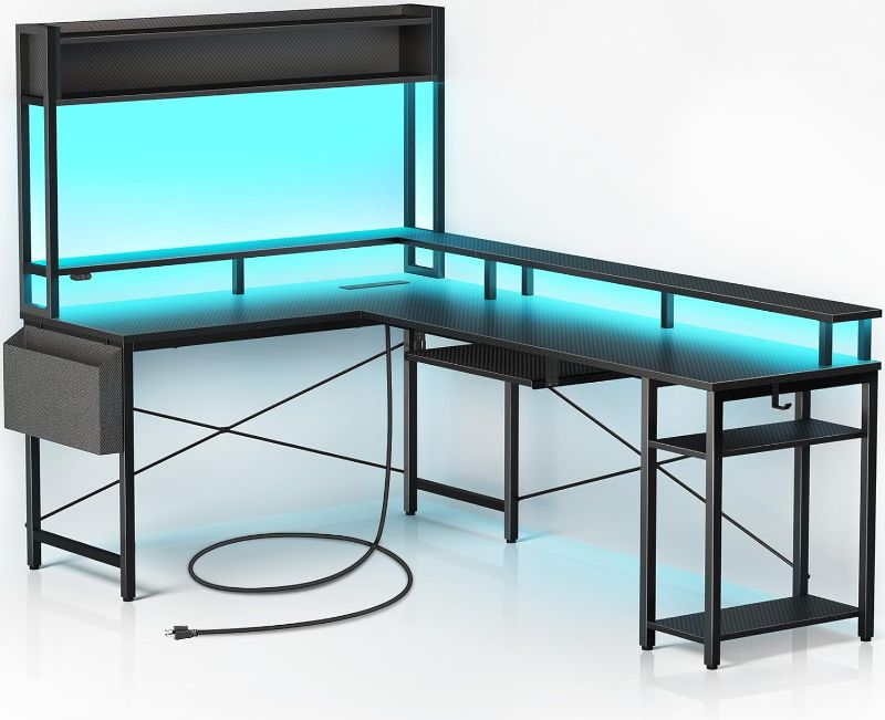 Photo 1 of Rolanstar L Shaped Gaming Desk, 90.5“ Computer Desk with Monitor Stand & Hutch, Home Office Desk with LED Lights & Power Outlets, Corner Desk with Keyboard Tray, Carbon Fiber Black
