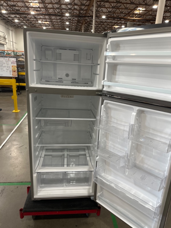 Photo 1 of  DENTED SIDE**Whirlpool 17.6-cu ft Top-Freezer Refrigerator (Monochromatic Stainless Steel)