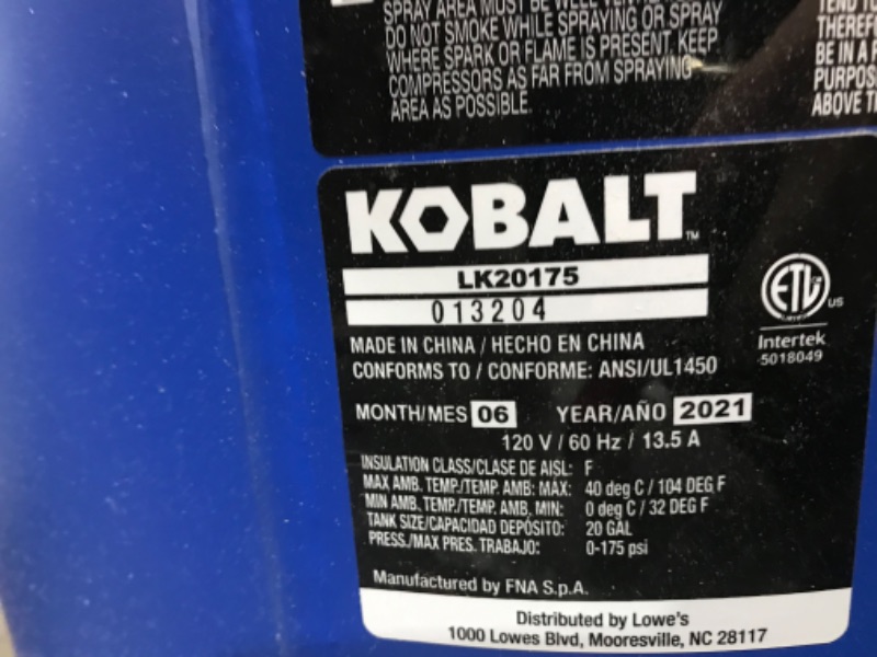 Photo 3 of **PARTS ONLY/NON-REFUNDABLE**
Kobalt LK20175 20-Gallon Single Stage Portable Corded Electric Vertical Air Compressor