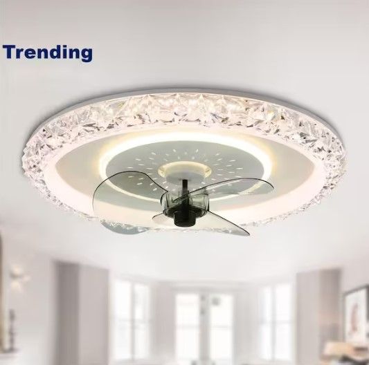 Photo 1 of 20 in. LED Indoor White Glam Crystal Low Profile Ceiling Fan with Light, 6- Speed Flush Mount Ceiling Fan with Remote
