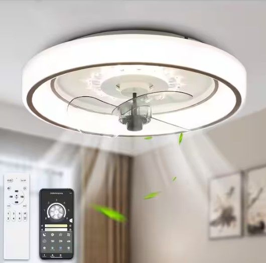 Photo 1 of 19 in. Indoor Smart App Control White Ceiling Fan with Integrated LED Light Flush Mount Dimmer Ceiling Lighting
