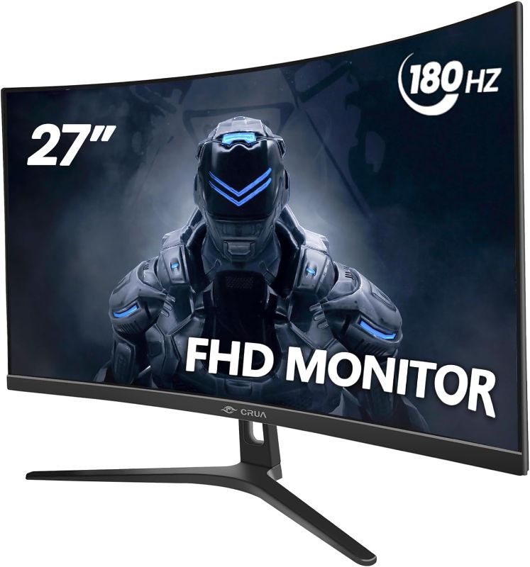 Photo 1 of CRUA 27" 144Hz/180Hz Curved Gaming Monitor, Full HD 1080P VA Screen 1800R Computer Monitors, 1ms(GTG) with FreeSync, Low Motion Blur, Eye Care, DisplayPort, HDMI, Support Wall Mount Install-Black
