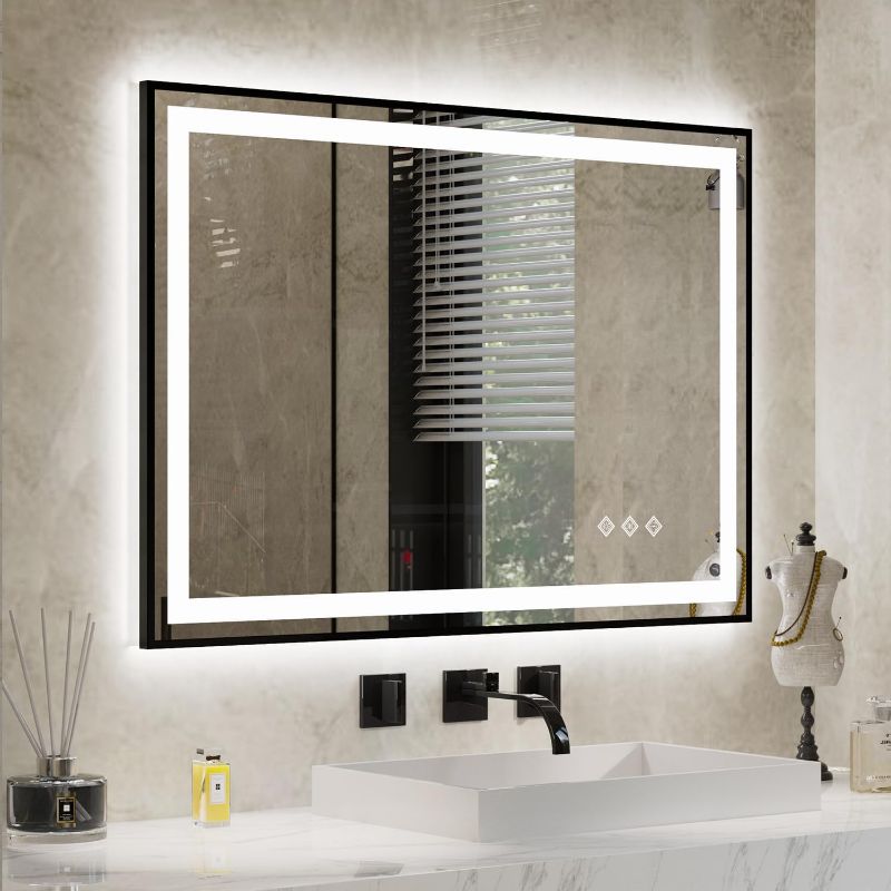 Photo 1 of VanPokins LED Mirror for Bathroom, 40x28 Inch Black Framed Gradient Front and Backlit LED Vanity Mirror, 3 Colors Dimmable CRI>90, IP54 Enhanced Anti-Fog Wall Mounted Lighted Bathroom Mirror