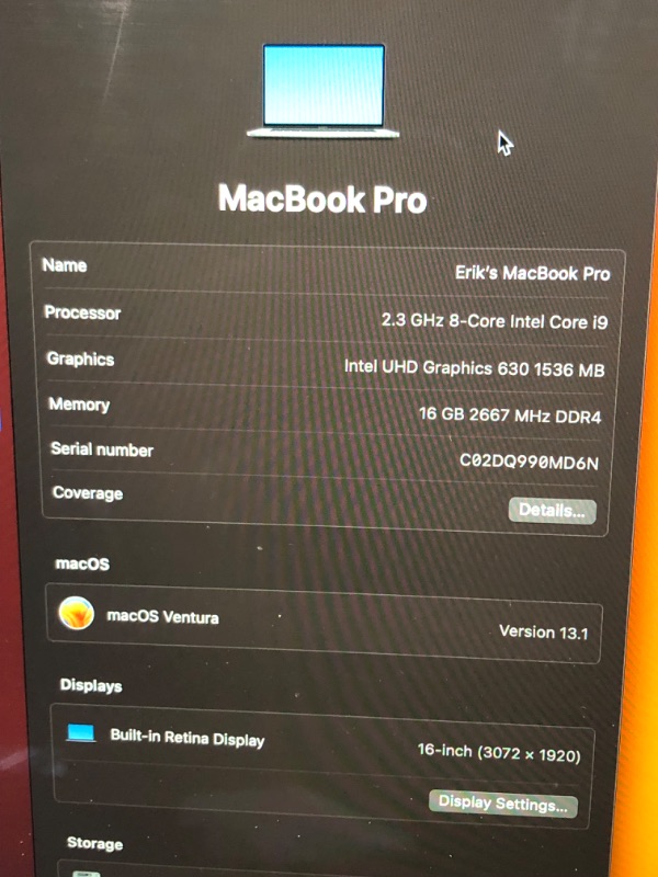 Photo 7 of 2019 Apple MacBook Pro with Intel Core i9 (16-inch, 16GB RAM, 1TB SSD Storage) Silver 
