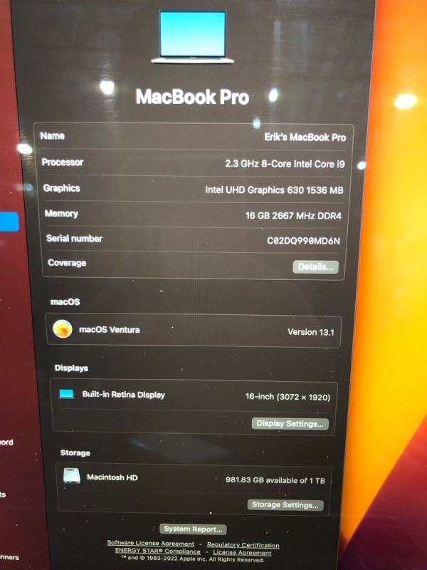 Photo 5 of 2019 Apple MacBook Pro with Intel Core i9 (16-inch, 16GB RAM, 1TB SSD Storage) Silver 
