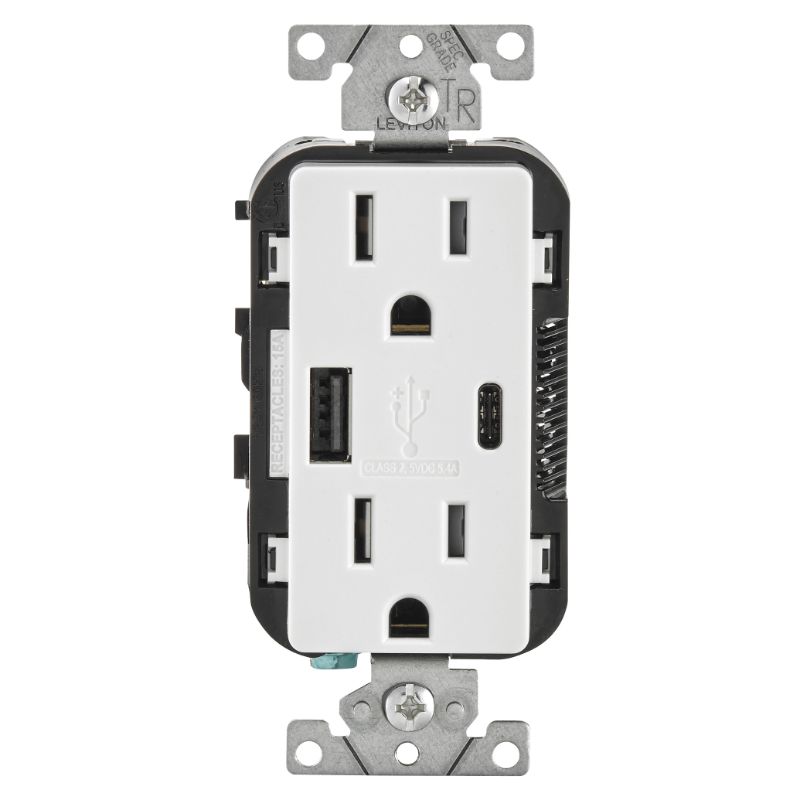 Photo 1 of Chargeur Mural à Port USB De Type a/C Leviton T5633-742 Avec Prise Inviolable 15 a, Blanc
