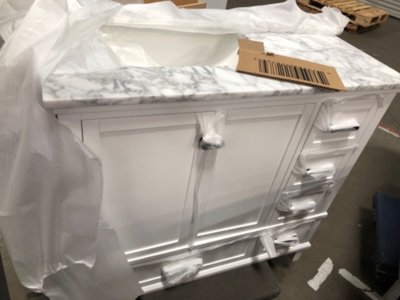 Photo 2 of Merryfield 37 in. W x 22 in. D x 35 in. H Bathroom Vanity in White with Carrara White Marble Top