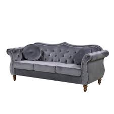 Photo 1 of *NEW* Bellbrook 79.5 in. Grey Velvet 3-Seater Camelback Sofa with Nailheads
