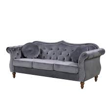 Photo 1 of *INCOMPLETE SET BOX 1 OUT OF 2*  Bellbrook 79.5 in. Grey Velvet 3-Seater Camelback Sofa with Nailheads
