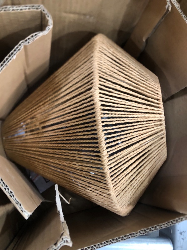 Photo 2 of 1-Light Matte Black Boho Pendant Light with Geometric Handwoven Hemp Rope Shade
