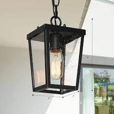 Photo 1 of Modern Coastal Black 1-Light Lantern Outdoor Pendant Light with Seeded Glass shade Mini Hanging Pendant for Patio Porch
