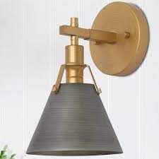 Photo 1 of Modern Vintage Gold Bell Wall Sconce, Antique Gray 1-Light Mid-Century Cone Fixture with Brass Industrial Rivets
