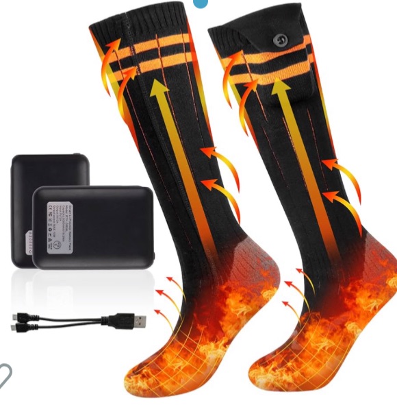 Photo 1 of Heated Socks, 5V 5000mAh Rechargeable Electric Thermal Socks Battery Powered for Women Men, Winter Outdoor Washable Foot Warmer with 4 Level Warming Settings for Hunting Skiing Riding Hiking