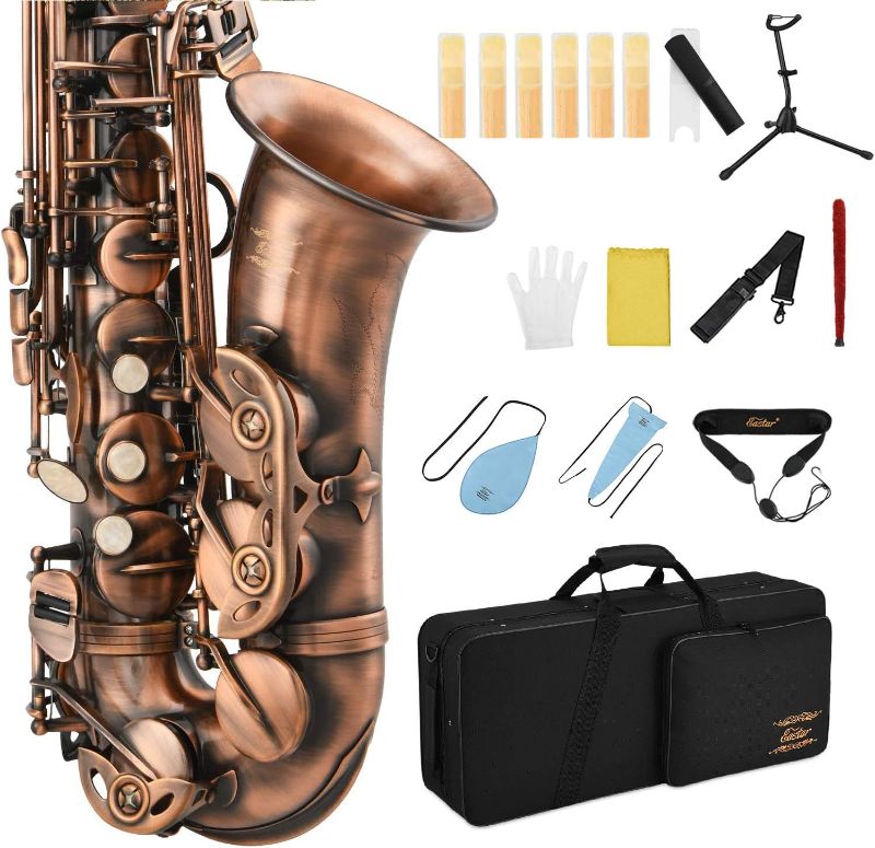 Photo 1 of 
Eastar Alto Saxophone Antique Red Bronze Vintage Sax Eb E-flat Student Beginner Full Kit with Carrying Case Mouthpiece Straps Reeds Stand Cleaning Brush,...
Size:Student
Color:Antique Red