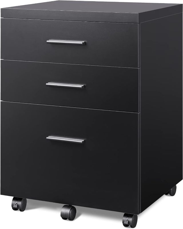 Photo 1 of 
DEVAISE 3 Drawer File Cabinet for Home Office, Wood Under Desk Filing Cabinet, Rolling Printer Stand with Wheels, Black
Color:Black
