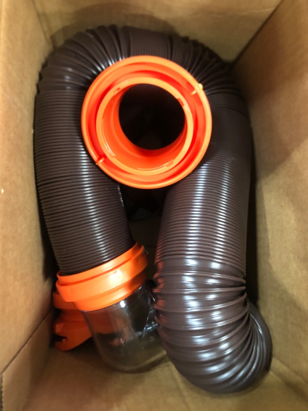 Photo 2 of Camco RhinoFLEX RV Sewer Hose Kit with Swivel Transparent Elbow and 4-in-1 Dump Station Fitting, Brown, 15 Feet (39770) 15ft Sewer Hose Kit Frustration-Free Packaging