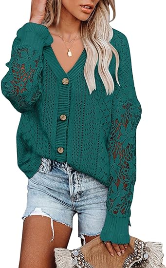 Photo 1 of AlvaQ Womens Lightweight Lace Crochet Cardigan Sweater Kimonos Casual Oversized Open Front Button Down Knit Outwear--L