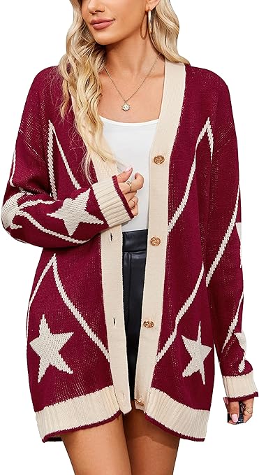 Photo 1 of Coutgo Women's Open Front Long Sleeve Chunky Knit Cardigan Sweaters Christmas Cute Star Button Down Loose Outwear-- LARGE -BEIGE 