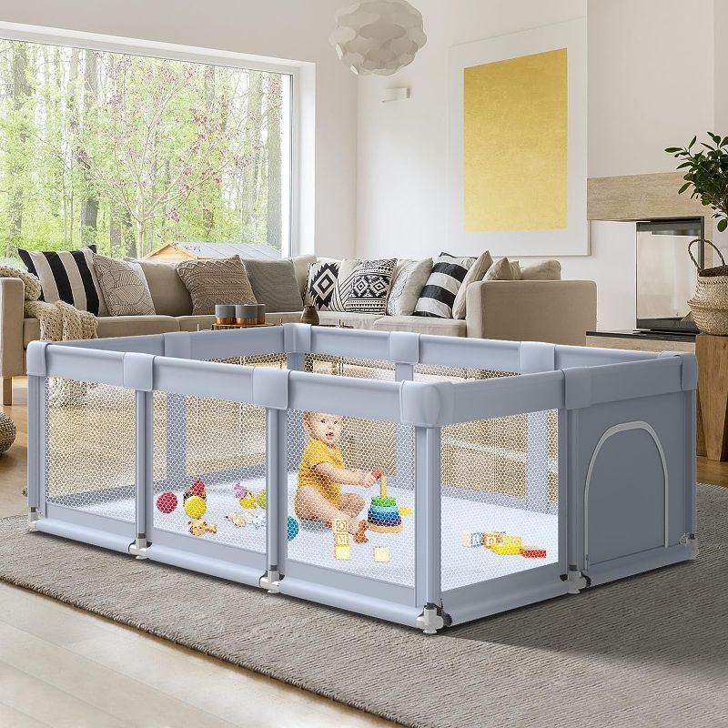 Photo 1 of Fshibila 74" ×50" Large Baby Playpen, Baby Playard for Babies and Toddlers, Baby Fence Play Pens for Indoor & Outdoor, Sturdy Safety Play Yard with Soft Breathable Mesh, Anti-Fall, Grey