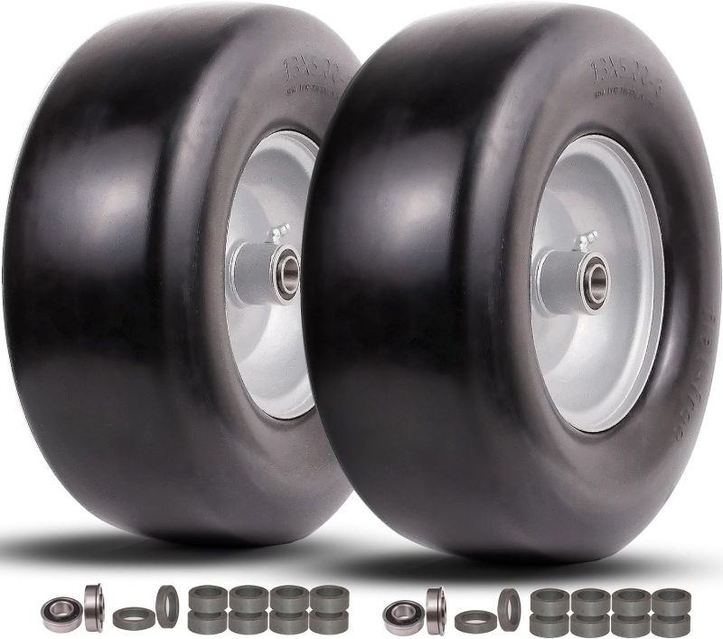 Photo 1 of 13x5.00-6 flat free tire and wheel,Front Zero-Turn Smooth Tire Assembly Replacement for Riding Lawn Mower Garden Tractor,with 3/4" & 5/8" Precision bearings,3.25"- 5.9" Center Hub (2 Pack)