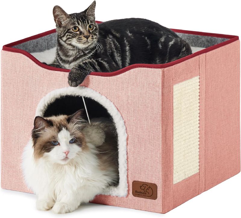 Photo 1 of Bedsure Cat Beds for Indoor Cats - Large Cat Cave for Pet Cat House with Fluffy Ball Hanging and Scratch Pad, Foldable Cat Hideaway,16.5x16.5x13 inches, Pink