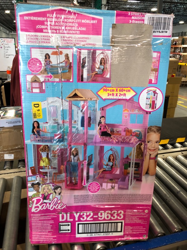 Photo 1 of Barbie 3-Story Townhouse Dollhouse with Elevator, Swing Chair, Furniture and Accessories, Fold for Portability and Travel Townhome