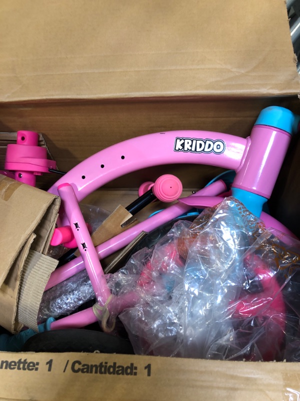 Photo 4 of KRIDDO 4-in-1 Kids Tricycle for 1.5 to 3 Yea Old with Parent Steering Push Handle, 12 Inch Front Wheel Trike, Toddler Balance Bike for Boys Girls 18 Month to 3 Years, Adjustable Height, Pink 4 in 1 Pink