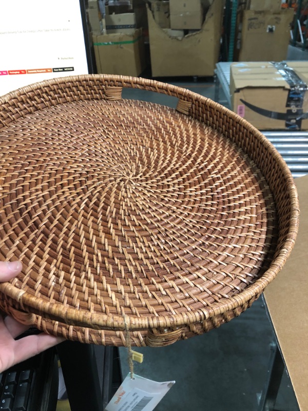Photo 2 of 16.9 inch Rattan Tray, Round Wicker Tray with Cut-Out Handles, Woven Serving Tray for Dining/Coffee Table 16.9 inch (43cm)