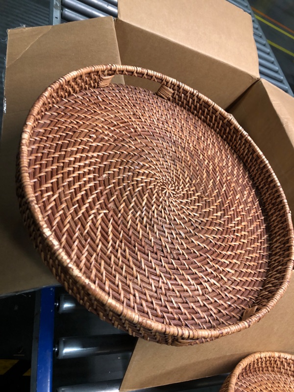 Photo 2 of 16.9 inch Rattan Tray, Round Wicker Tray with Cut-Out Handles, Woven Serving Tray for Dining/Coffee Table 16.9 inch (43cm)