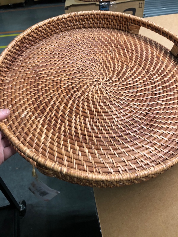 Photo 2 of 16.9 inch Rattan Tray, Round Wicker Tray with Cut-Out Handles, Woven Serving Tray for Dining/Coffee Table 16.9 inch (43cm)