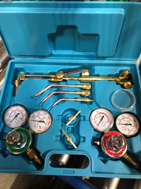 Photo 3 of Cutting Welding Torch Kit Oxygen & Acetylene Gas Portable Oxy Brazing Kit Professional Welder Tool Set With Two Hose, Regulator Gauges, Storage Case Blue