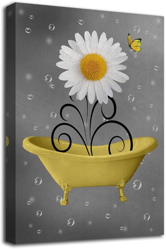Photo 1 of Bathroom Wall Art Daisy Canvas Pictures Modern Flower Bathtub Artwork Rustic Wood Board Background Contemporary Wall Art Decor Bedroom Living Room Office Home Framed Ready to Hang Yellow 16" x 24"