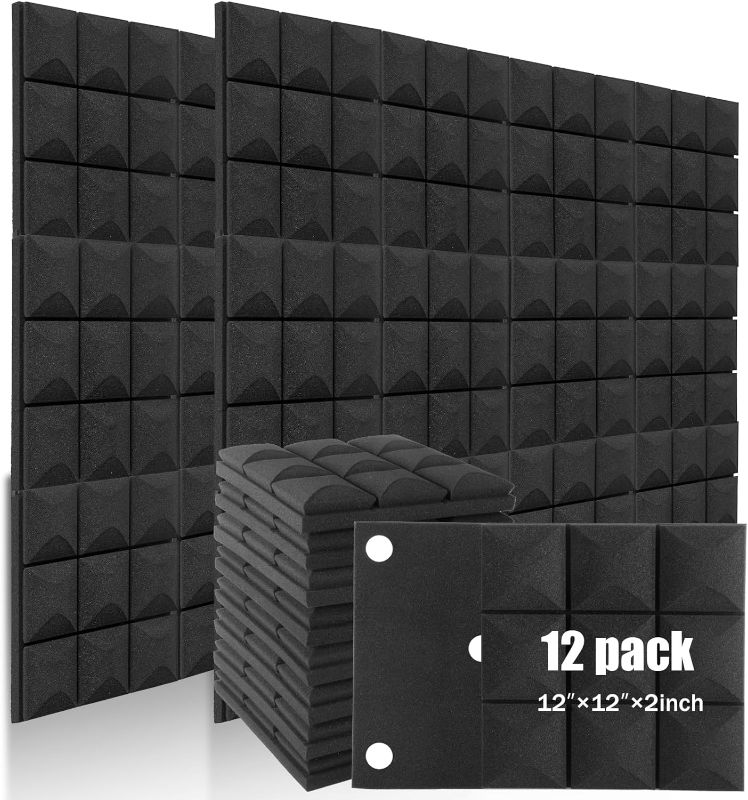 Photo 1 of 12 Pack Black 2'' X 12" X 12"Acoustic Foam Panels, Mushroom Studio Wedge Tiles, Sound Panels Sound Proof Foam Panels Sound Proofing Padding For Wall (12Pack, Black)