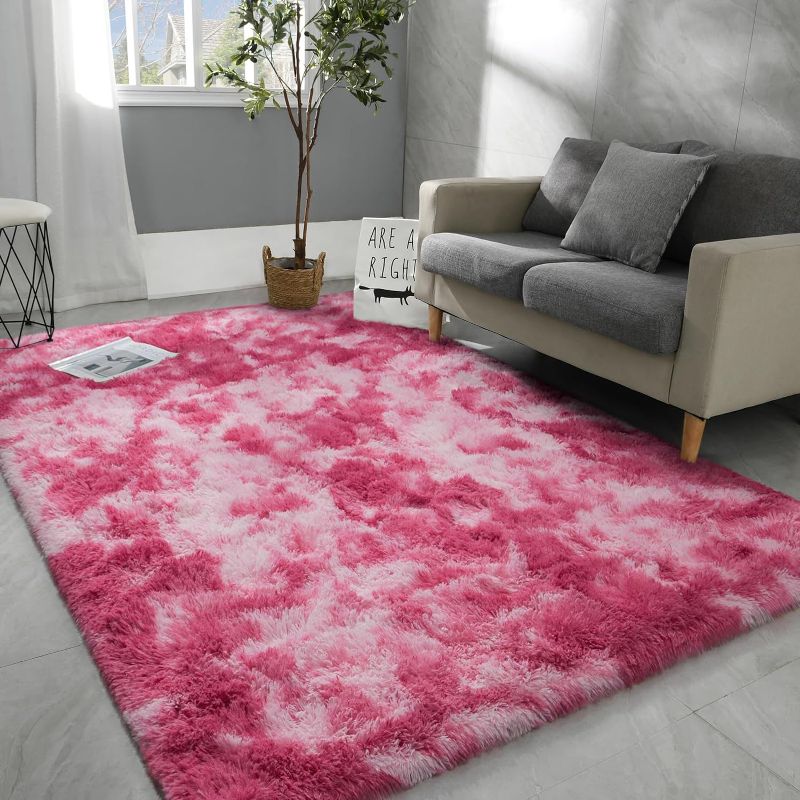 Photo 1 of 6x9 Large Area Rugs for Living Room, Super Soft Fluffy Modern Bedroom Rug, Tie-Dyed Blush Pink Indoor Shag Fuzzy Carpets for Girls Kids Nursery Room Home Decor