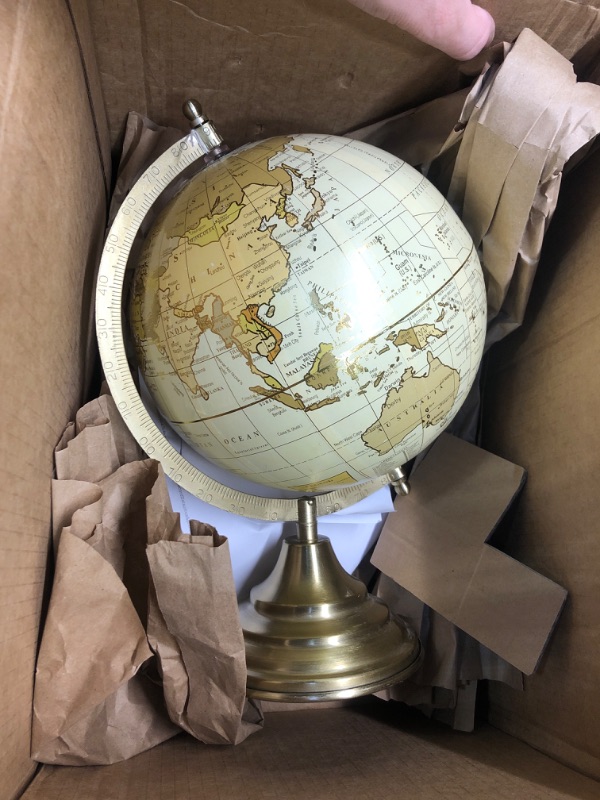 Photo 3 of Explorers Globe, Incised Details, Ivory, Beige With Gold Accents, Mapped with Locations, Longitudes and Latitudes, Resin, Crescent Stand Mounted, Circular Gallery Base, 12.2 Inches Tall Ivory and Gold, 12.5 Inches