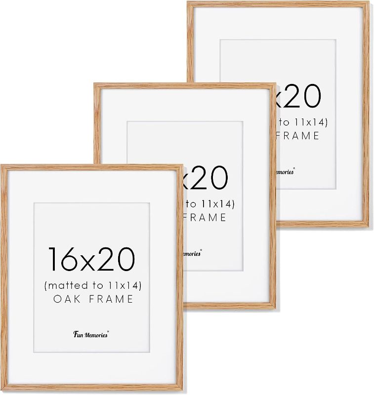 Photo 1 of 16x20 Picture Frame for Wall, Solid Oak Wood 16x20 Frame Matted to 11x14, 16"x20" Poster Frames with Real Glass, Natural Wood 20 x 16 Frames Art Frames for Wall Decor, 3 Pack