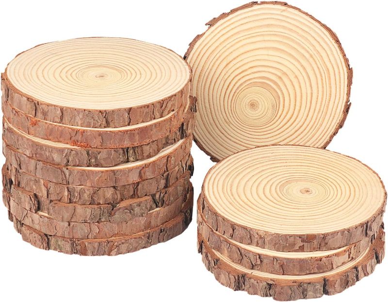 Photo 1 of 12 PCS 7-8 Inch Natural Wood Slices, Unfinished Pine Wood Circles with Barks for Coasters, DIY Crafts, Christmas Rustic Wedding Ornaments and Centerpieces by GNIEMCKIN