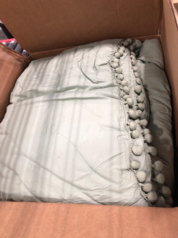 Photo 3 of  Sage Green Comforter Set Queen Ball Pom Fringe Design , Boho Aesthetic Luxurious Full Bedding , Vintage Ultra Soft Microfiber Comforter Sage Green