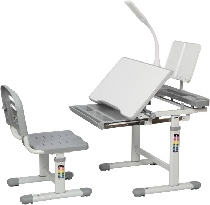 Photo 1 of Diroan Kids Functional Desk and Chair Set, Height Adjustable Children School Study Desk with Tilt Desktop, Bookstand, LED Light, Metal Hook and Storage Drawer for Boys Girls (Gray)