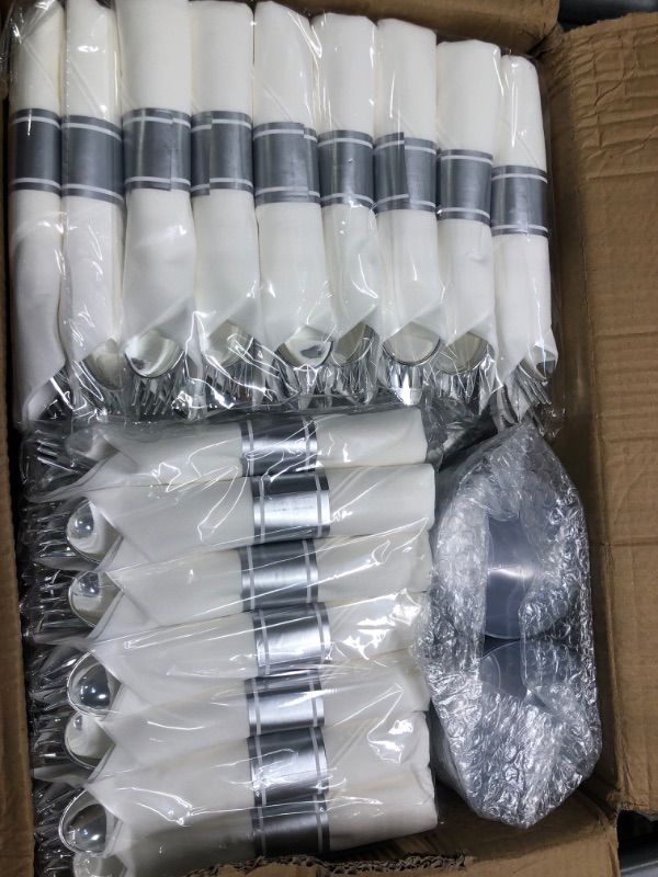 Photo 4 of 350 Piece Silver Plastic Dinnerware Set for 50 Guests, Plastic Lace Plates Disposable, Include: 50 Silver Dinner Plates, 50 Dessert Plates, 50 Pre Rolled Napkins with Silver Silverware, 50 Cups Silver 350 Piece (50 guests)