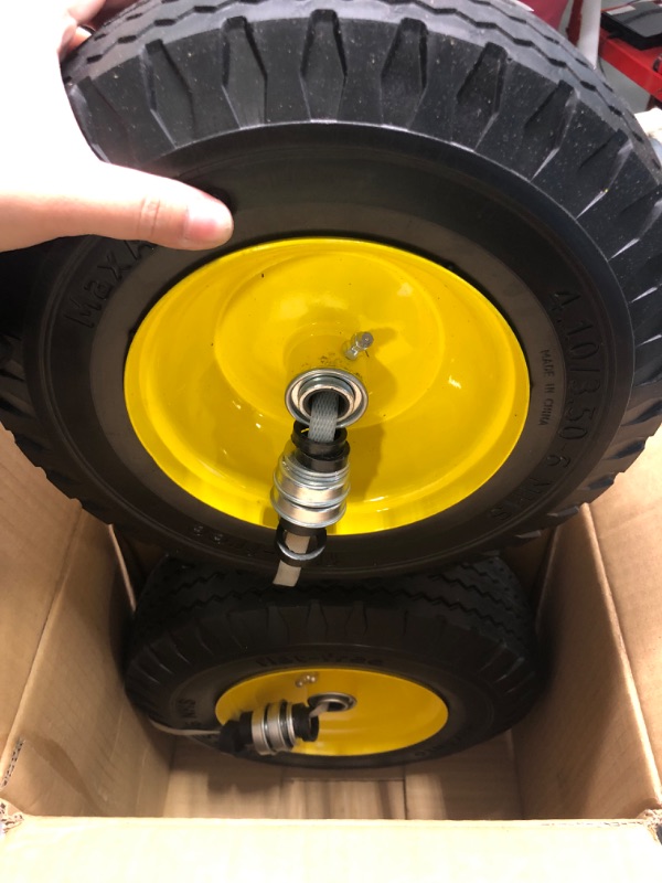 Photo 3 of MaxAuto 2 Pcs 4.10/3.50-6" Flat Free Tire, Hand Truck/All Purpose Utility Tire on Wheel, 3" Centered Hub, 3/4" Bearings, Yellow Steel