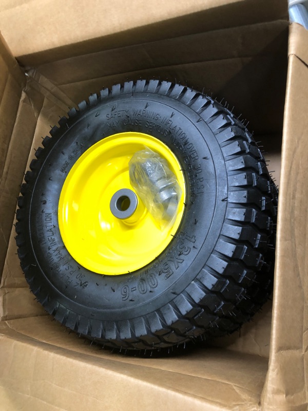 Photo 3 of (2 Pack) AR-PRO Exact Replacement 15" x 6.00-6" Front Tire and Wheel Assemblies for John Deere Riding Mowers - Compatible with John Deere 100 and D100 Series - 3” Centered Hub and 3/4” Bushings 15 x 6.00-6" Yellow