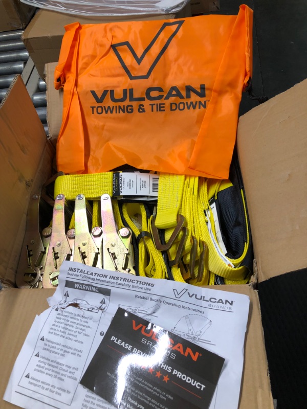 Photo 3 of VULCAN Complete Axle Strap Tie Down Kit with Snap Hook Ratchet Straps - Classic Yellow - Includes (4) 22 Inch Axle Straps, (4) 36 Inch Axle Straps, and (4) 8' Snap Hook Ratchet Straps